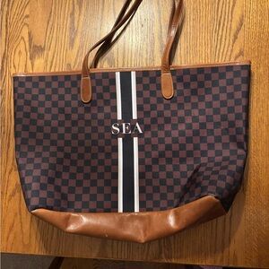 Barrington Checkered Zip top Tote Bag with Brown Leather Trim